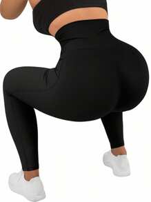 1pc Women High Waist Elastic Sports Yoga Pants, Pocket Button Decor, Solid Color Skinny Cropped Tights, Black, Suitable For Outdoor, Cycling, Running, Tennis