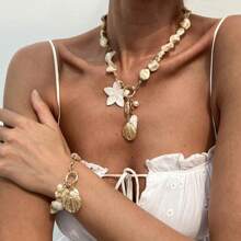 1 pièce Ensemble de collier pendentif en alliage de coquillage et étoile de mer, chaîne de clavicule de décoration de plage décontractée