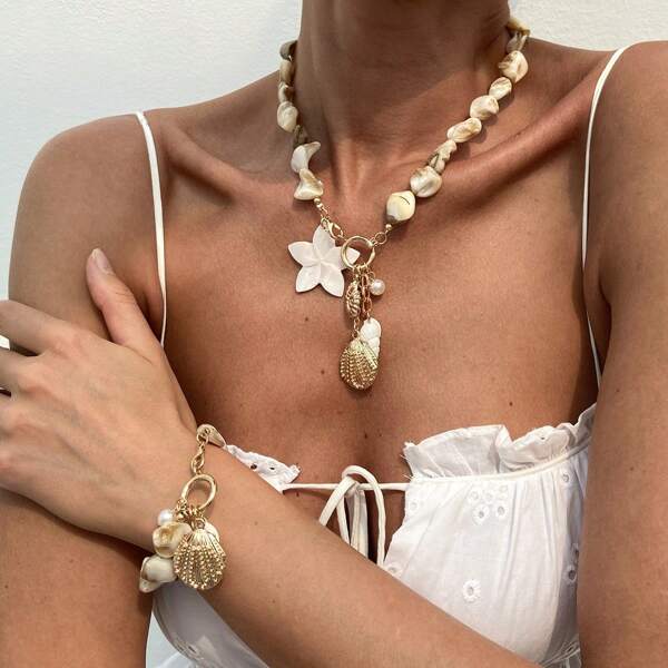 1 pièce Ensemble de collier pendentif en alliage de coquillage et étoile de mer, chaîne de clavicule de décoration de plage décontractée