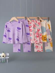 6pc Young Girls Cartoon Bear Print Pajama Set, Long Sleeve Top And Pants, Lightweight Spring/Autumn Homewear With Allover Print - Multicolor - View 1