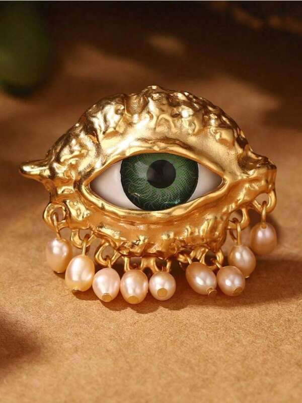 2 piezas Anillo abierto con ojo de demonio de estilo vintage y perla rosada natural, accesorio de joyería de moda para mujer, regalo para citas y reuniones