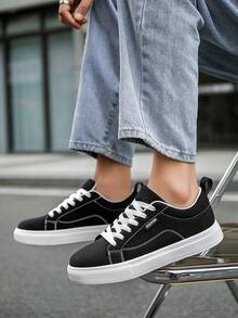 Men's Classic Black Patchwork Low-Top Skate Shoes, Simple Design Basic Style, Lightweight & Comfortable Outdoor Sports Sneakers, Gym 2000s Style Valentine's Day Ideas - Solid Color - View 10