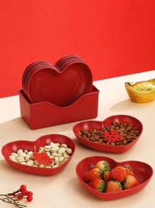 5pcs Heart-Shaped Plastic Snack Plates, Reusable & Stackable Plates For Candy, Fruits, Snacks, Nuts, Suitable For Home, Kitchen, Gathering, Picnic, Afternoon Tea Back To School