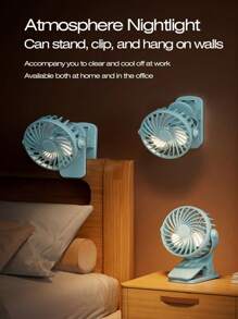 1 Stück USB aufladbarer 3-Gang leiser Ventilator mit 720° Drehung & Nachtlicht, tragbarer Clip für Sommerreisen, Strand, Schulanfang Grundausstattung - kompakter leistungsstarker Lüfter, unverzichtbar für Studentenwohnheim & Büro