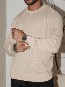 Men's Knitted Sweater Top Chic High Quality Textured Autumn Winter Long Sleeve - Beis - Ver 2