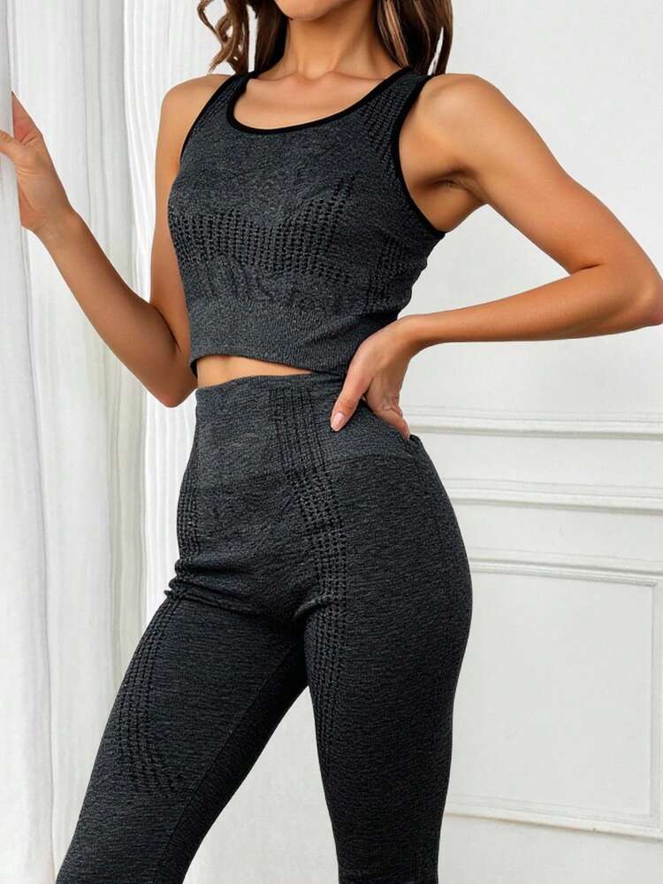 Sport Studio Conjunto de leggings y top corto con diseño de retorcido en la espalda en unicolor para mujer, ropa de entrenamiento - Negro - Añade 1
