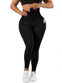 1pc Women High Waist Elastic Sports Yoga Pants, Pocket Button Decor, Solid Color Skinny Cropped Tights, Black, Suitable For Outdoor, Cycling, Running, Tennis