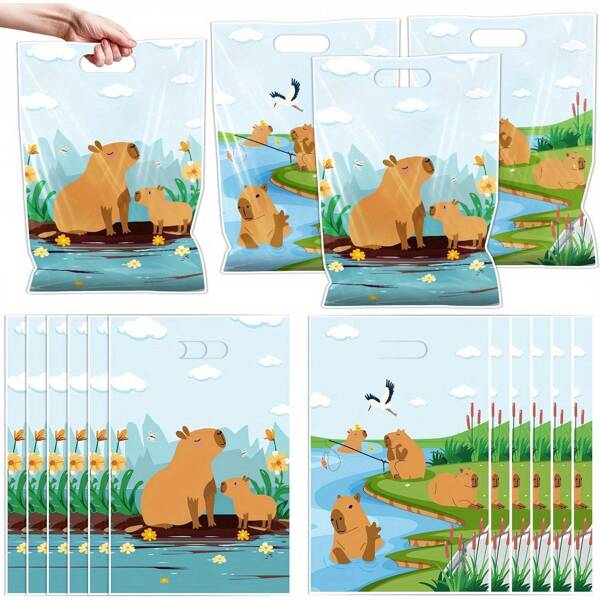 30/50/100pcs-Capybara Pattern Tote Bags, Cartoon Gift Bags, Cute Animal Theme Plastic Shopping Bags, Durable Plastic Gift Bags With Handles, Suitable For Baptismal Party Supplies, Birthday Party Packaging Bags, Anniversary Party Decoration
