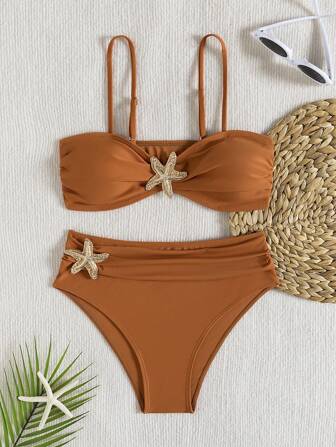 全新小众设计，纯色，性感，修身，遮肚，时尚配饰，度假分体，时尚优雅两件套泳衣，女士沙滩派对，热销泳衣