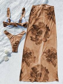 Women's Beach Brown Floral Print Sexy Bikini Set With Coverup And Skirt - Coffee - View 5