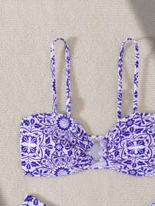 2pcs Blue & White Print Fashion Beach Swimwear Set, Spring/Summer - Multicolor - View 5