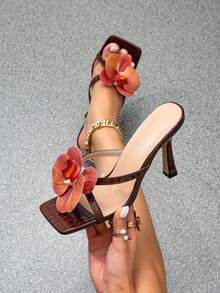 Brown Fashionable Minimalist Red Flower Decor Stiletto High Heel Party Sandals For Women - Brown - View 1
