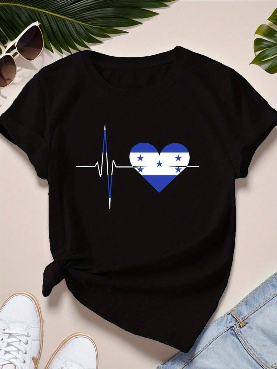Women's Black Cotton Graphic T-Shirt 180g Heartbeat Flag Print, Short Sleeve Round Neck Casual Tee, Stylish Honduras Heart Design For Everyday Comfort And  Look, Soft Breathable Fabric, Perfect For Summer Outfits Or Layering In Cooler Months