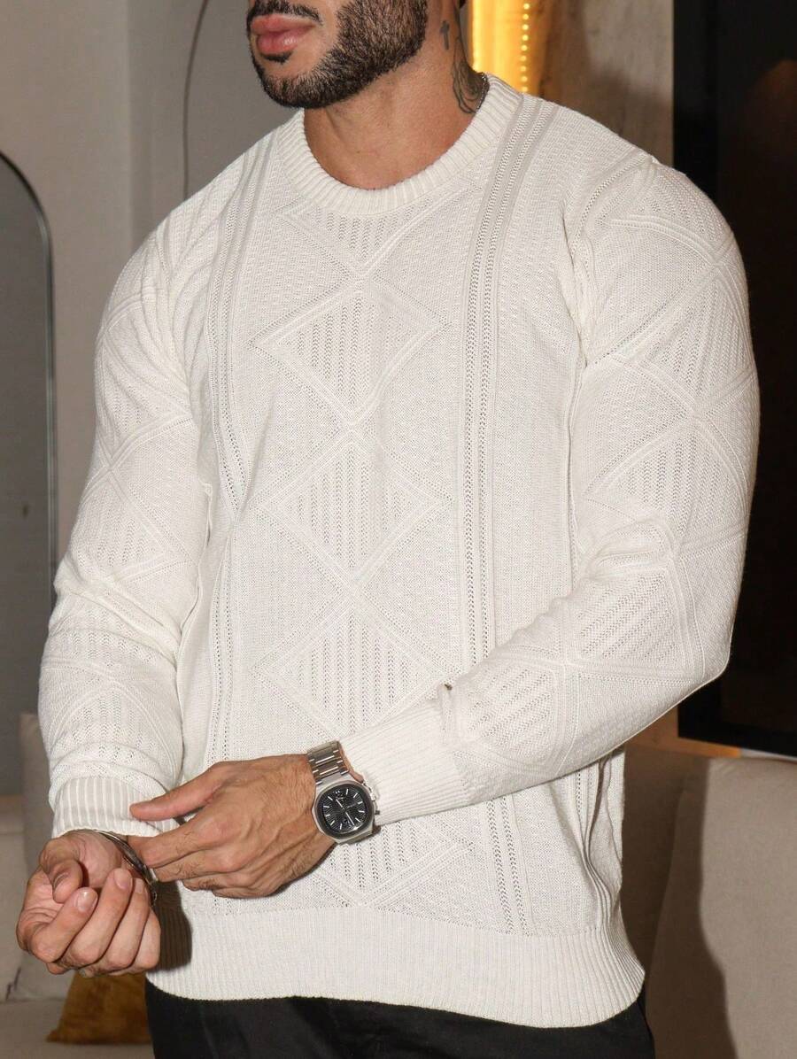 Knitted Sweater Men's Sweater Tops Chic Cold Weather High Quality Autumn Winter Long Sleeve Pullover - 白色 - 查看 1