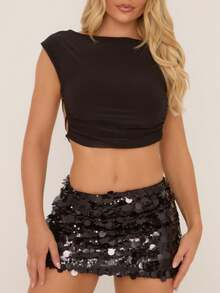 Women Y2K Sequin Mini Skirt Low Waist Sparkle Beaded Short Skirt Glitter Shiny Bodycon Skirt Night Out Party - 黑色 - 查看 1