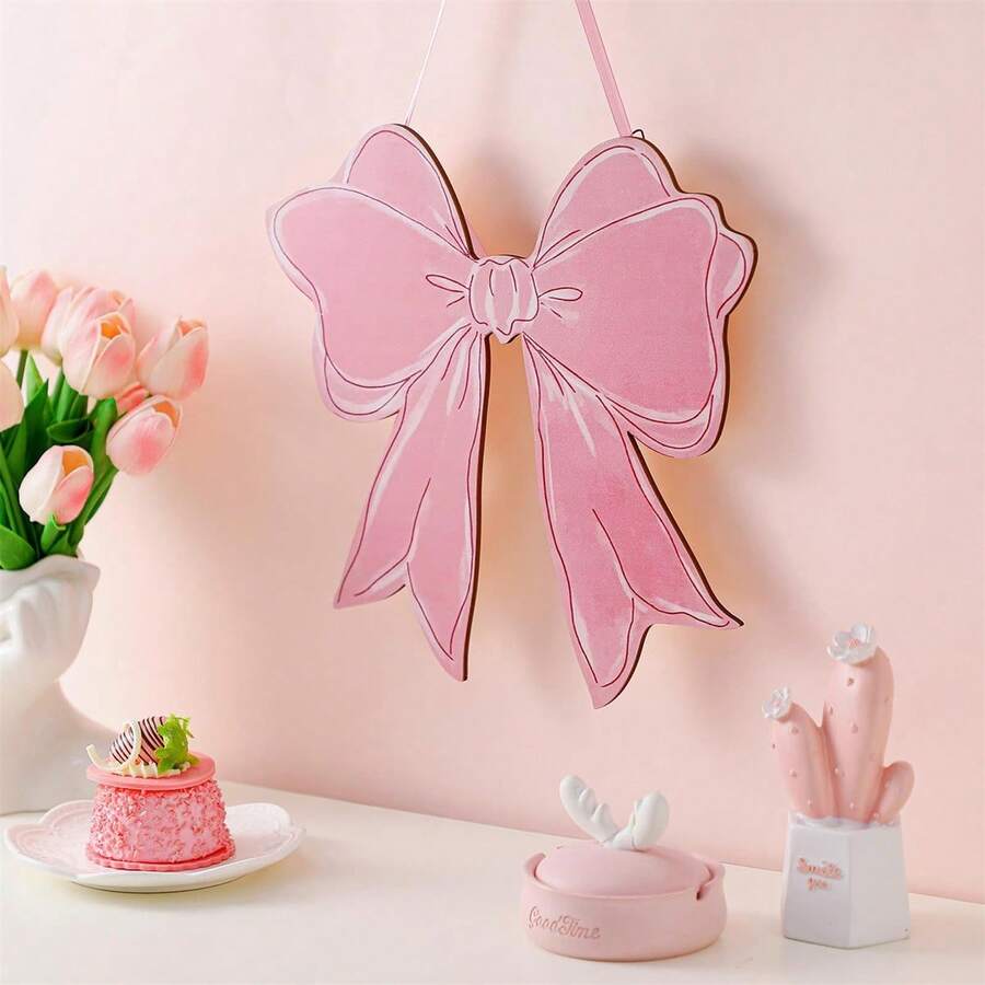 Pink Bow Wooden Hanging Sign Coquette Bow Decoration For Front Door Wall Girls Room Party Home Ornaments - Đầy màu sắc - Xem 1