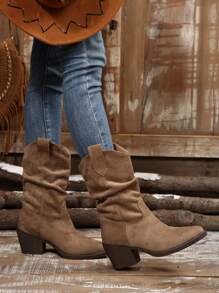 Bottes mi-mollet plissées rétro pour femmes à enfiler, bottines western cowgirl courtes