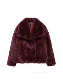 DEEKA秋冬新款加厚仿狐狸毛领连帽中长款人造皮草大衣年轻时尚 - 酒紅色 - 查看 8