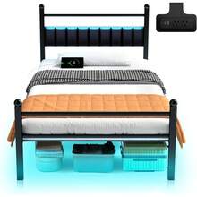 Twin Bed Frames With LED Lights & Charging Station - Metal Platform Bed Frame With Under Bed Storage - Heavy Duty Steel Slats/Upholstered Headboard/Noise-Free/No Box Spring Needed/Easy Assembly/Black - Twin - View 1