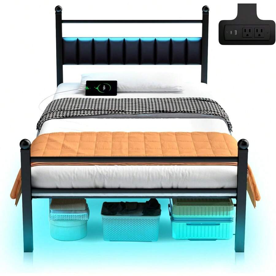 Twin Bed Frames With LED Lights & Charging Station - Metal Platform Bed Frame With Under Bed Storage - Heavy Duty Steel Slats/Upholstered Headboard/Noise-Free/No Box Spring Needed/Easy Assembly/Black - Twin - View 1