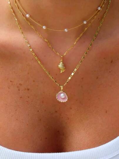 3pcs Set Minimalist Elegant Seashell Flower & Faux Pearl Necklace For Women, Suitable For Summer Beach, Dating, Party, Daily Wear (Random Shell Color)