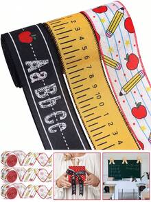 4 rollos de 20 yardas cada uno de cinta con borde metálico de 2.5 pulgadas con diseños de regla, lápiz, manzana, autobús y letras del abecedario, para envolver regalos, manualidades y decoraciones del primer día de clases - Multicolor - Ver 2