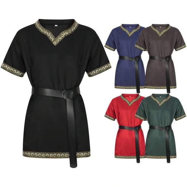 Camicia a maniche corte da uomo medievale, stile vichingo, stile retrò, stile cavaliere pirata di Halloween, nuovo di zecca