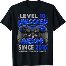 Level 10 Unlocked Awesome Since 2015 10th Birthday Gaming Basic Cotton T-Shirt - Black - View 1