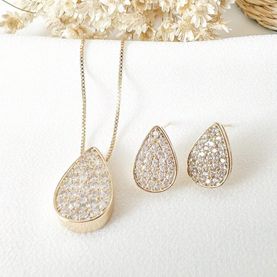 Necklace Kit + Earrings And Women's Jewelry Studded With Zirconia In 18k Gold And 925 Silver Plated - Vàng - Xem 1