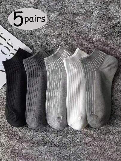 5 Pairs Business Style Breathable Solid Color Men Short Socks For Summer, For Gym
