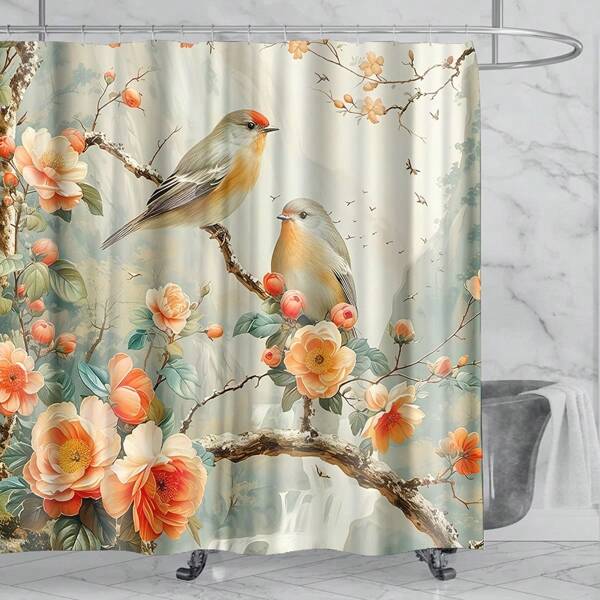 1PC Pastoral Shower Curtain With Watercolor Floral & Bird Design - 70.87x70.87inch Polyester Fabric Bath Curtain With Hooks, Hand Wash Only, Serene Nature-Themed Bathroom Decor, Easy Maintenance