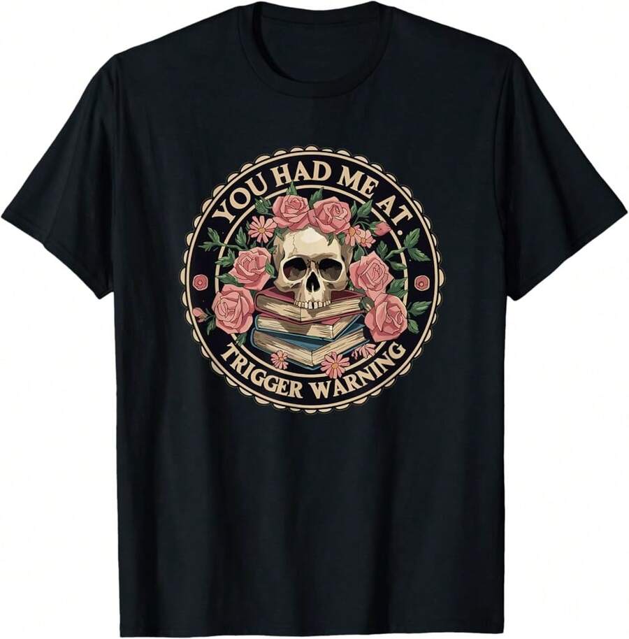 You Had Me At Trigger Warning Skeleton Book Reading Lover Basic Cotton T-Shirt - Black - View 1