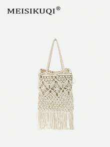 2025 Handmade Hollow-Out Woven Fringe Shoulder Bag, Boho Style Large Capacity Commuter Bag, Spring-Summer Outfit Complement For Free And Relaxed Vibe