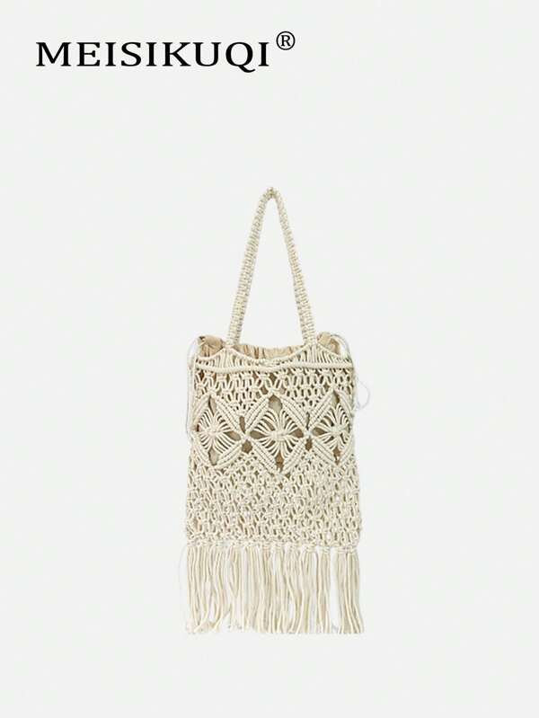 2025 Handmade Hollow-Out Woven Fringe Shoulder Bag, Boho Style Large Capacity Commuter Bag, Spring-Summer Outfit Complement For Free And Relaxed Vibe