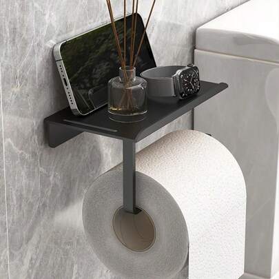 17.0厘米（6.7英寸）自粘式壁挂纸巾架，带收纳架，哑光黑，适用于厨房和浴室