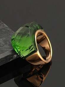 Fashionable And Elegant Electroplated 18K Gold Artificial Emerald Water Chestnut Stainless Steel 316 Ring For Women. Simple Style Green Glass High-Quality Ring - Green - View 8