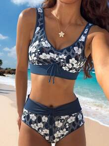 Floral Print V-Neck Backless Swimsuit Set For Women, High Waist Bandeau Bikini With Twist Design Vacation Beach - Multicolor - View 1