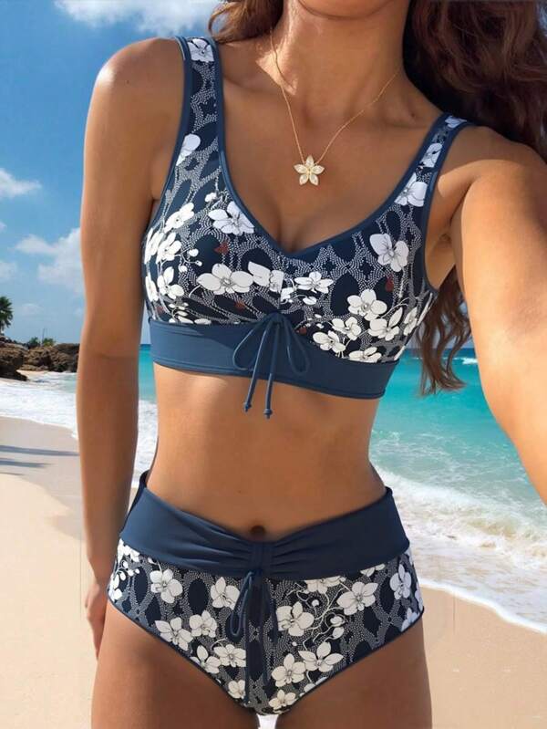 Set di bikini elegante da donna a vita alta con stampa floreale e dettagli a nodi - Blend di nylon/elastan elasticizzato, lavabile in lavatrice, top a scollo a V e slip a vita alta per spiaggia e piscina