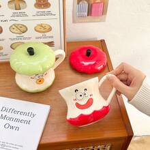 1 pezzo Tazza in ceramica di alta qualità a forma di mela con coperchio, tazza divertente, tazza per acqua domestica, ottimo regalo per le donne