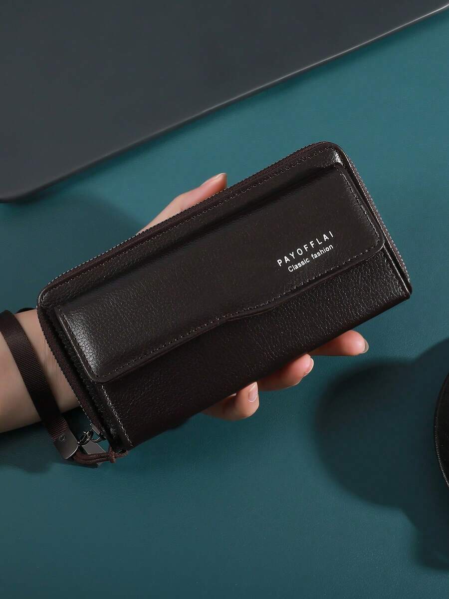 男士商务钱包长款双层PU皮扣男士银行卡夹拉链钱包男士钱包长款钱包手拿钱包 - 彩色 - 查看 1