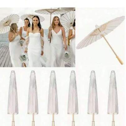 6件套白纸伞，木柄，无羽毛，无需电力，DIY新娘送礼会装饰，婚礼派对道具，摄影配件