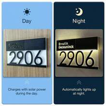 1pc Personalized Solar Powered Modern House Number Plaque, LED Lighted Address Sign, Customized Outdoor 3D Solar Panel Illuminated House Number Plate, Yard Lighting Home Decor - Black - View 3