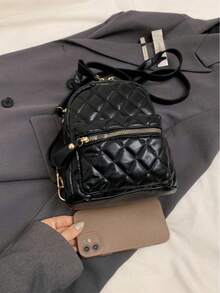 1 件 PU 面料绣花线绗缝迷你多功能休闲背包 - 黑色 - 查看 4