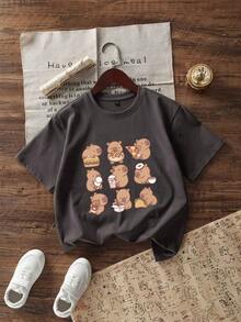 T-shirt col rond manches courtes avec imprimé graphique amusant, décontracté pour les préadolescentes, Top d'été - Gris foncé - Voir 4