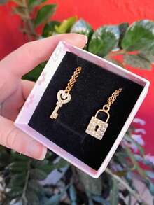 Rhinestone Key And Padlock Necklace Set Couple Friendship Couple Gift - Vàng - Xem 2