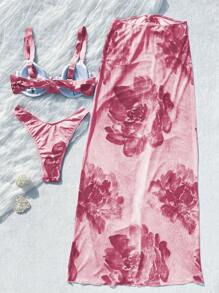 女士时尚沙滩度假褶皱性感比基尼套装配迷你裙 - 粉色 - 查看 5