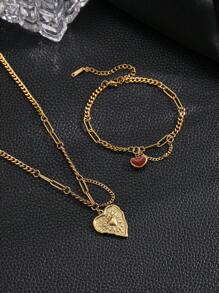 2pcs Elegant Vintage Embossed Heart Stainless Steel Women Necklace & Bracelet Jewelry Set, High Quality, Non-Fading, Non-Allergic