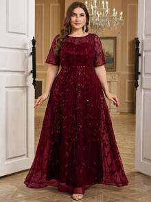 UNITHORSE Plus Size Chic Crew Neck Sequin Embroidery Patchwork Flared Dress, Black Elegant Formal Evening Gown, For Wedding Guest, Graduation, Dinner Party Dress, Bride Dress, Birthday Women Outfits Dress - 酒紅色 - 查看 5