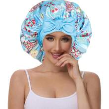 Double Layer Silk Bonnet With Tie Satin Lined Sleep Cap Hair Cover For Women's Curly Natural Hair - Strawberries Blue Plaid - 查看 2