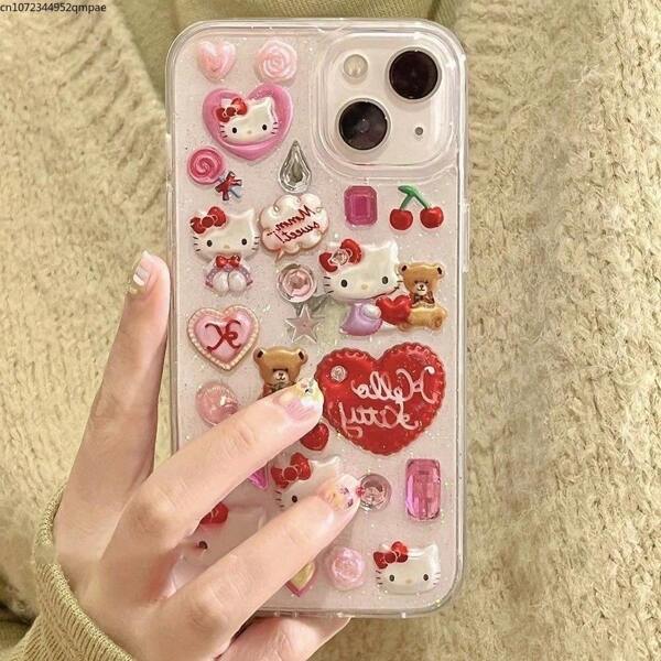 Sanrio Funda de teléfono dura y protectora con diseño de Hello Kitty de Sanrio, con purpurina y efecto epoxy transparente, a prueba de golpes y arañazos, resistente al agua, para iPhone 16, 15, 14, 13, 12, 11 Pro Max y 15Pro